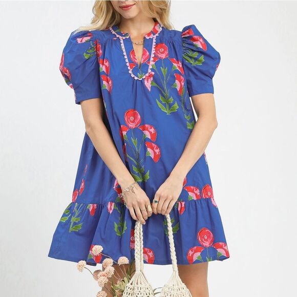 Umgee Floral Print Puff Sleeve A-Line Dress Royal Blue Pink Roses  Sz Large - Picture 4 of 4